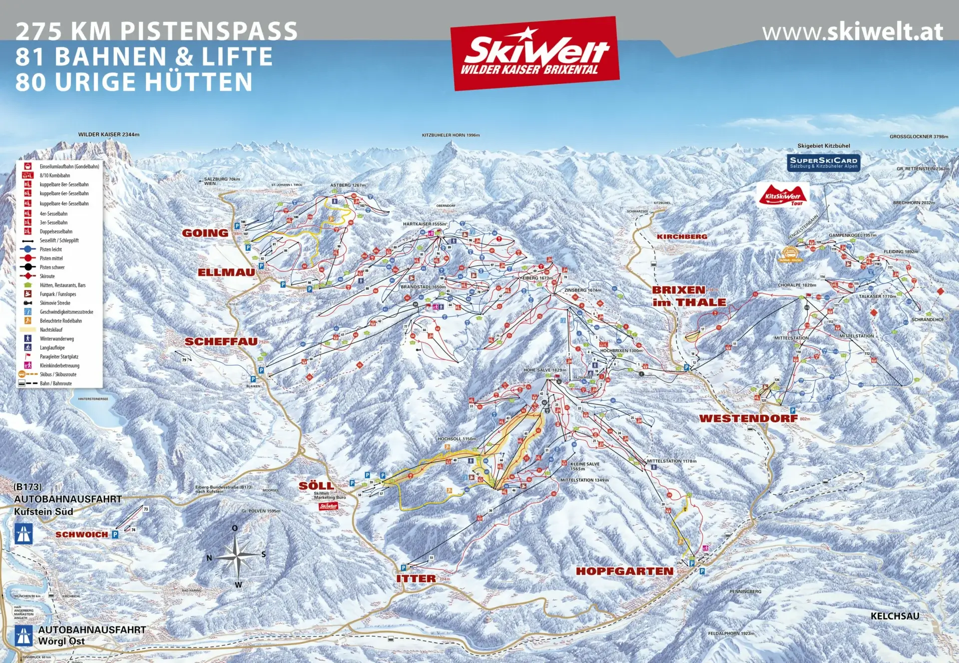Pistekort over SkiWelt Wilder Kaiser – Brixental med Brixen im Thale, Westendorf, Hopfgarten, Söll, Ellmau og Itter