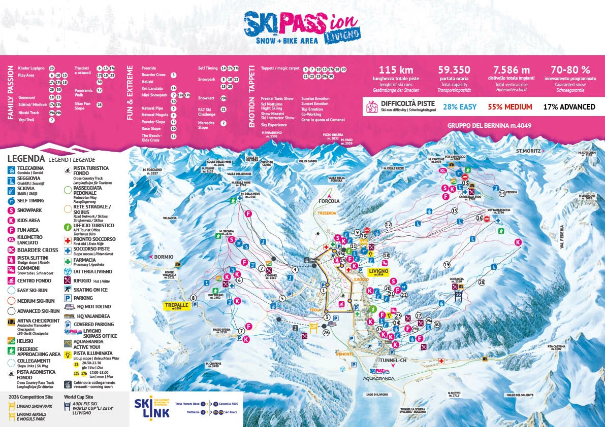 Pistekort over skiområdet i Livigno